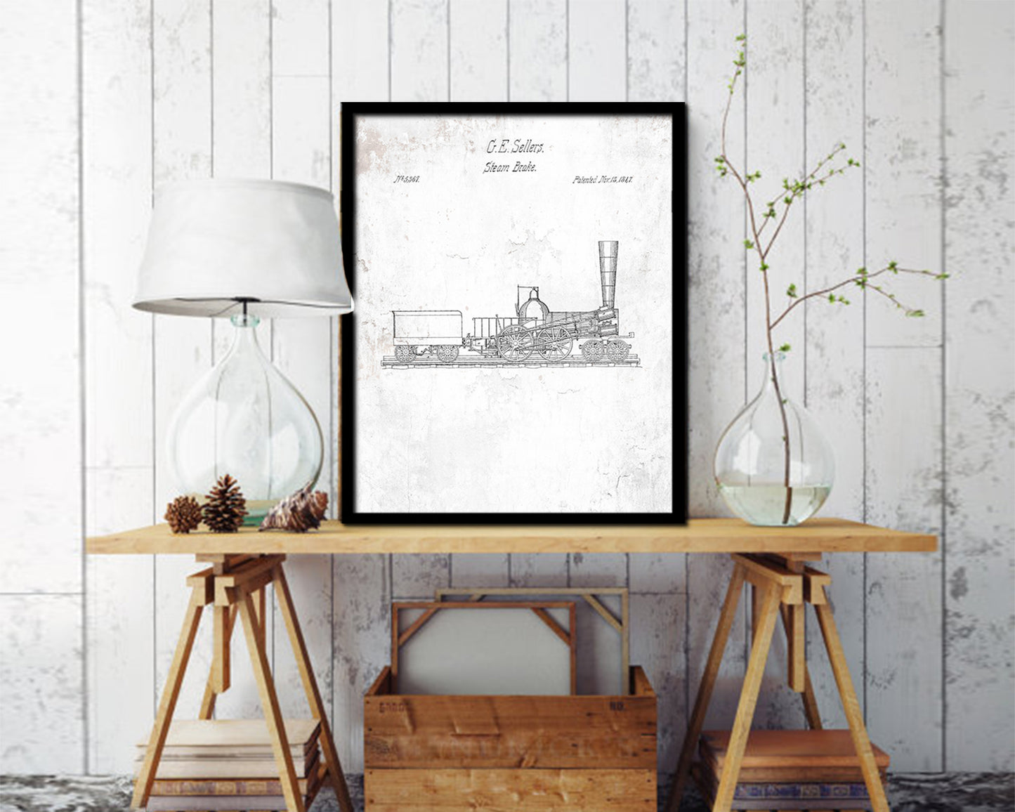 Steam Brake Train Vintage Patent Artwork Black Frame Print Gifts