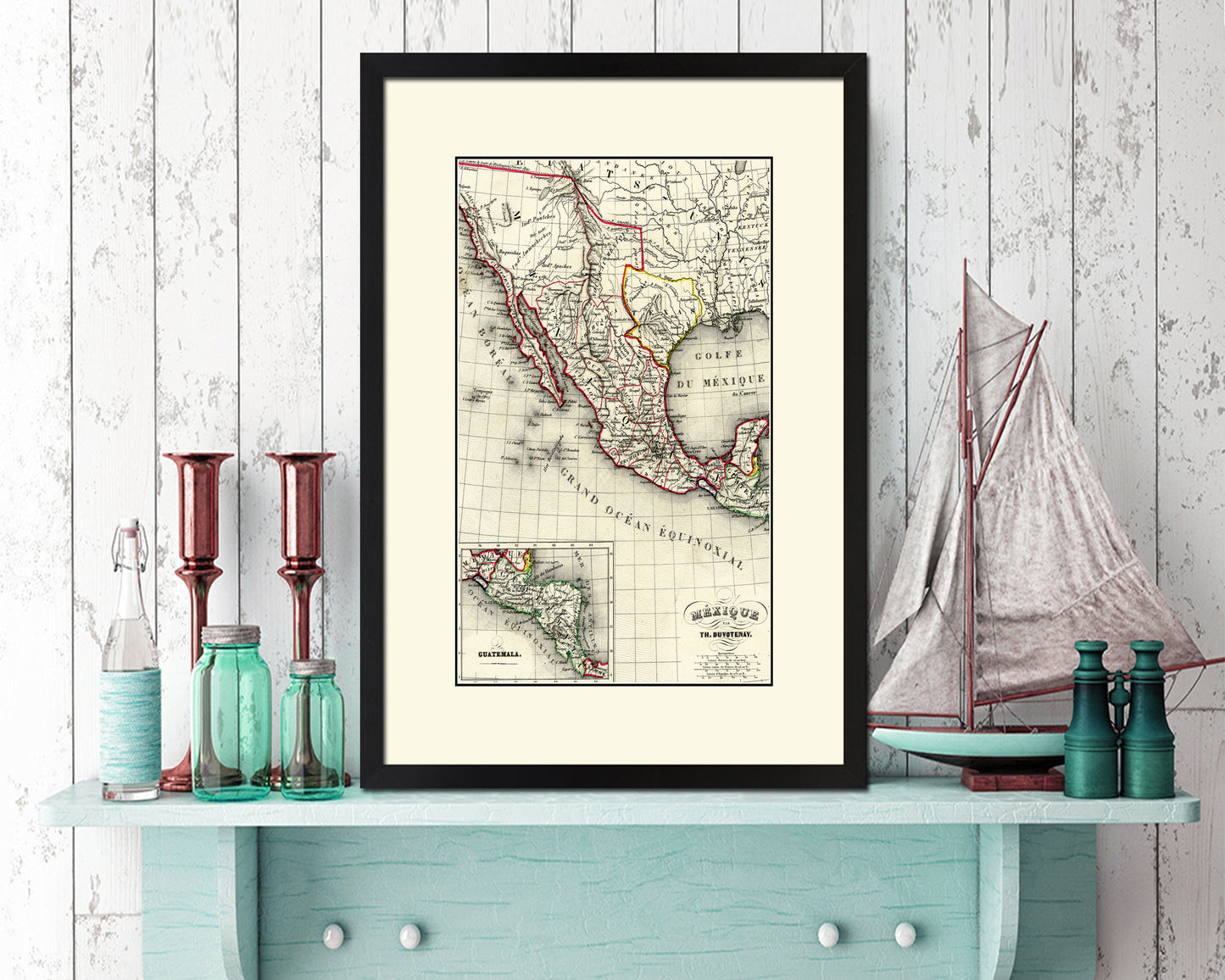 Mexico and Texas Republic Old Map Wood Framed Print Art Wall Decor Gifts