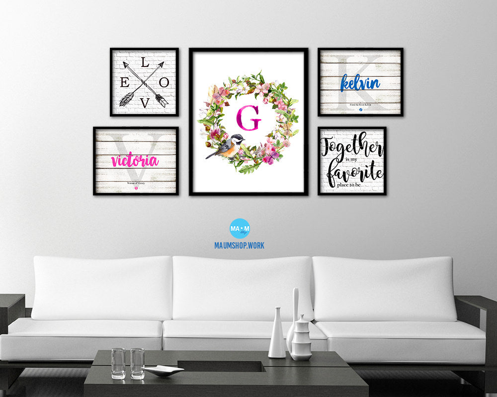 Letter G Floral Wreath Monogram Framed Print Wall Art Decor Gifts