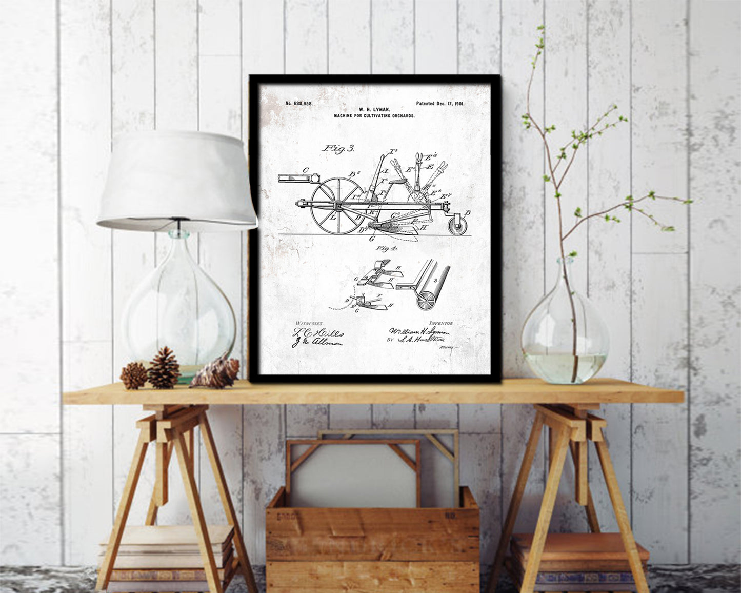 Cultivating Orchards Machine Vintage Patent Artwork Black Frame Print Gifts