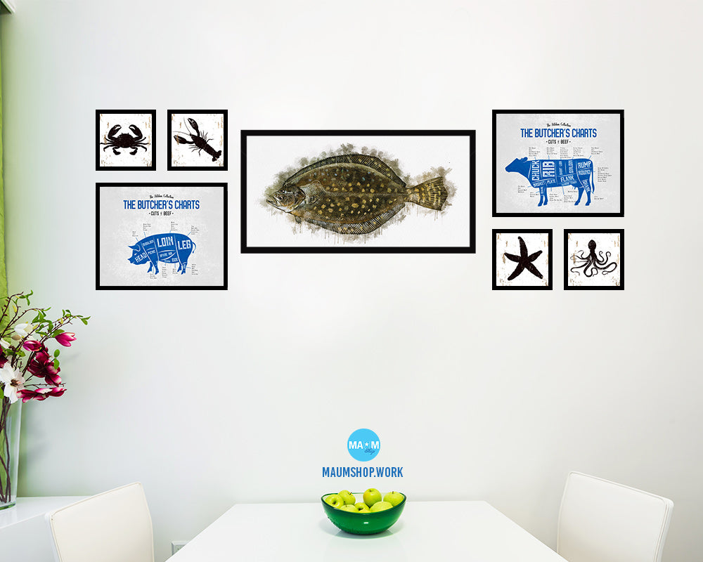 Flounder Fish Art Wood Frame Modern Restaurant Sushi Wall Decor Gifts, 10" x 20"