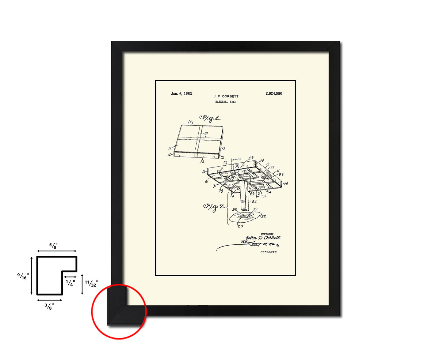 Baseball Base Sports Vintage Patent Artwork Black Frame Print Wall Art Decor Gifts