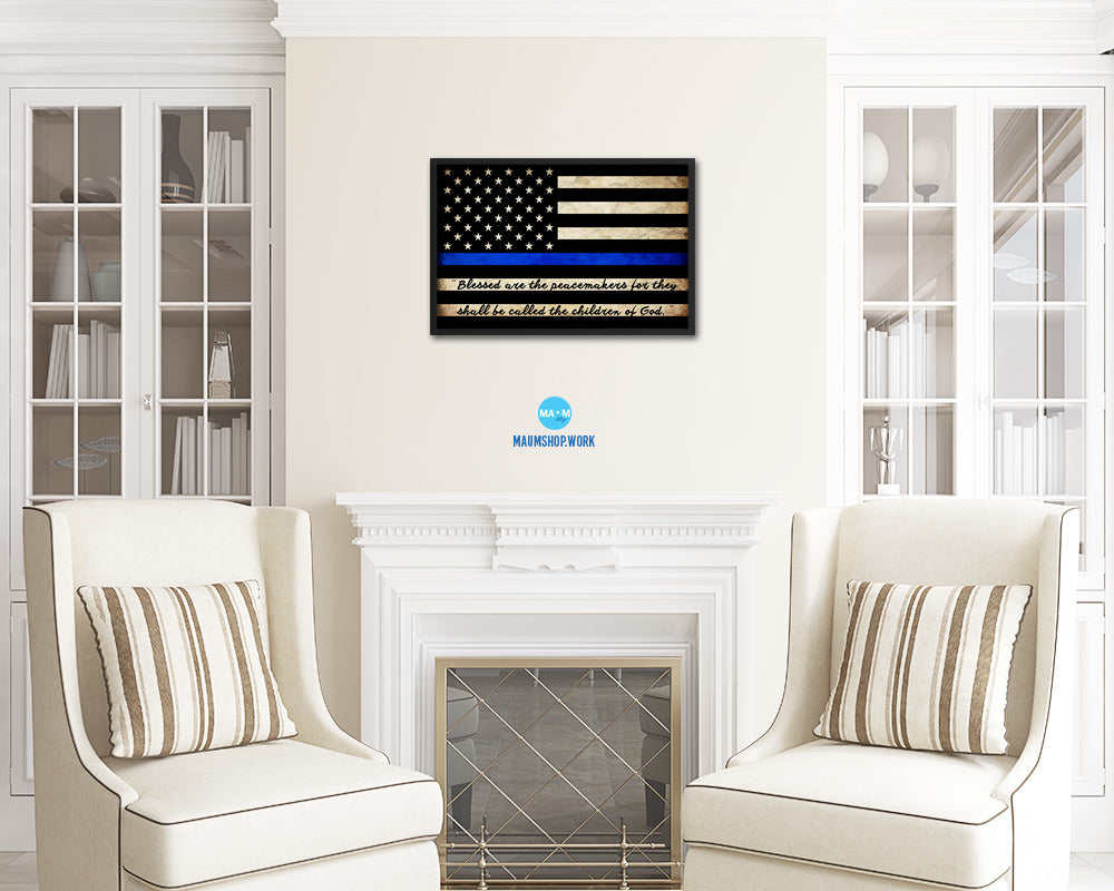 Thin Blue Line Honoring Law Enforcement American, Mathew 5-9 Vintage Military Flag Framed Print Art