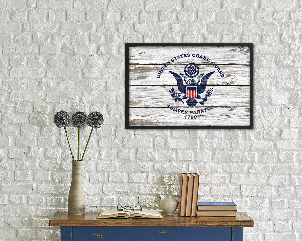 US Coast Guard Wood Rustic Flag Wood Framed Print Wall Art Decor Gifts