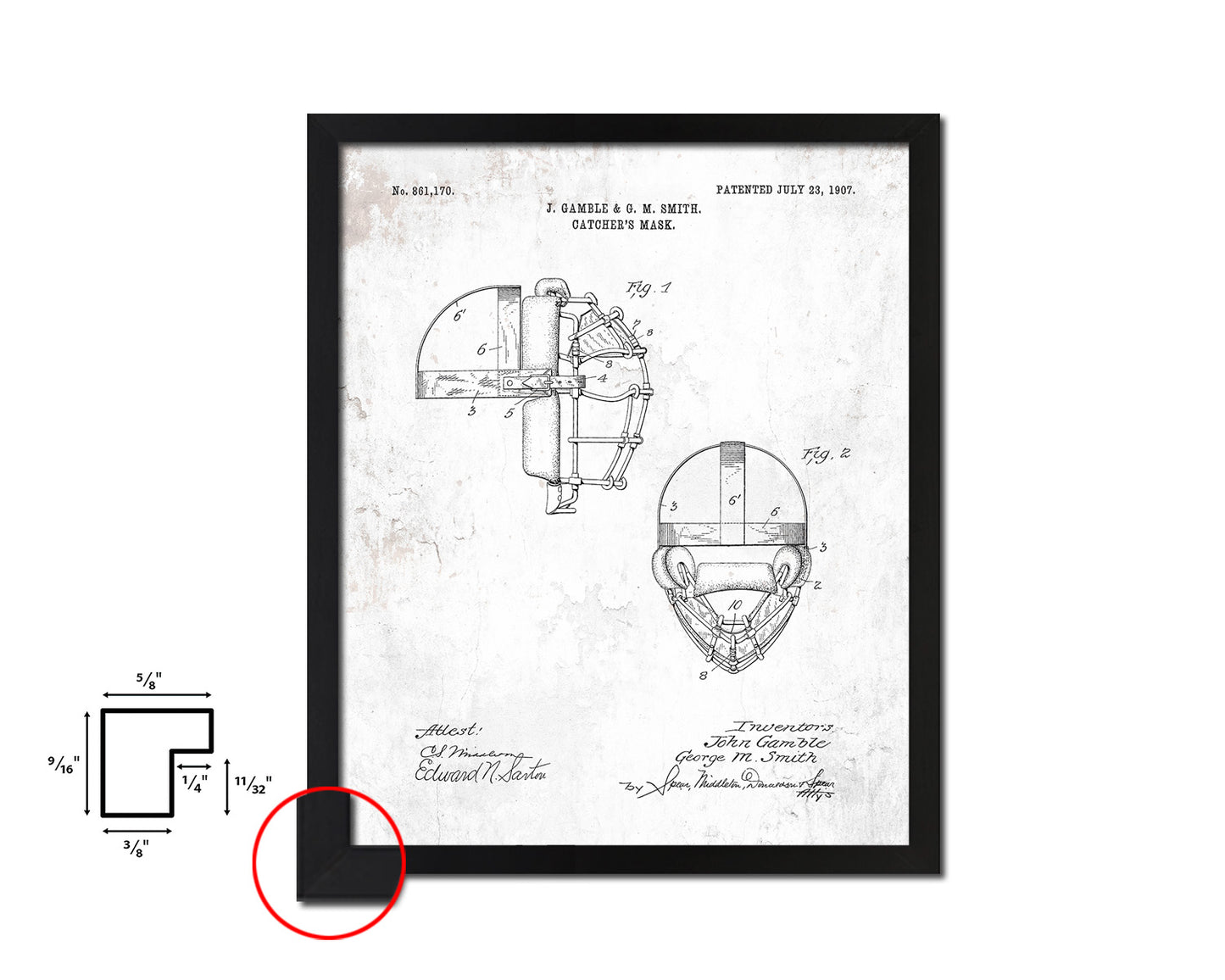 Baseball Catcher's Mask Sports Vintage Patent Artwork Black Frame Print Gifts