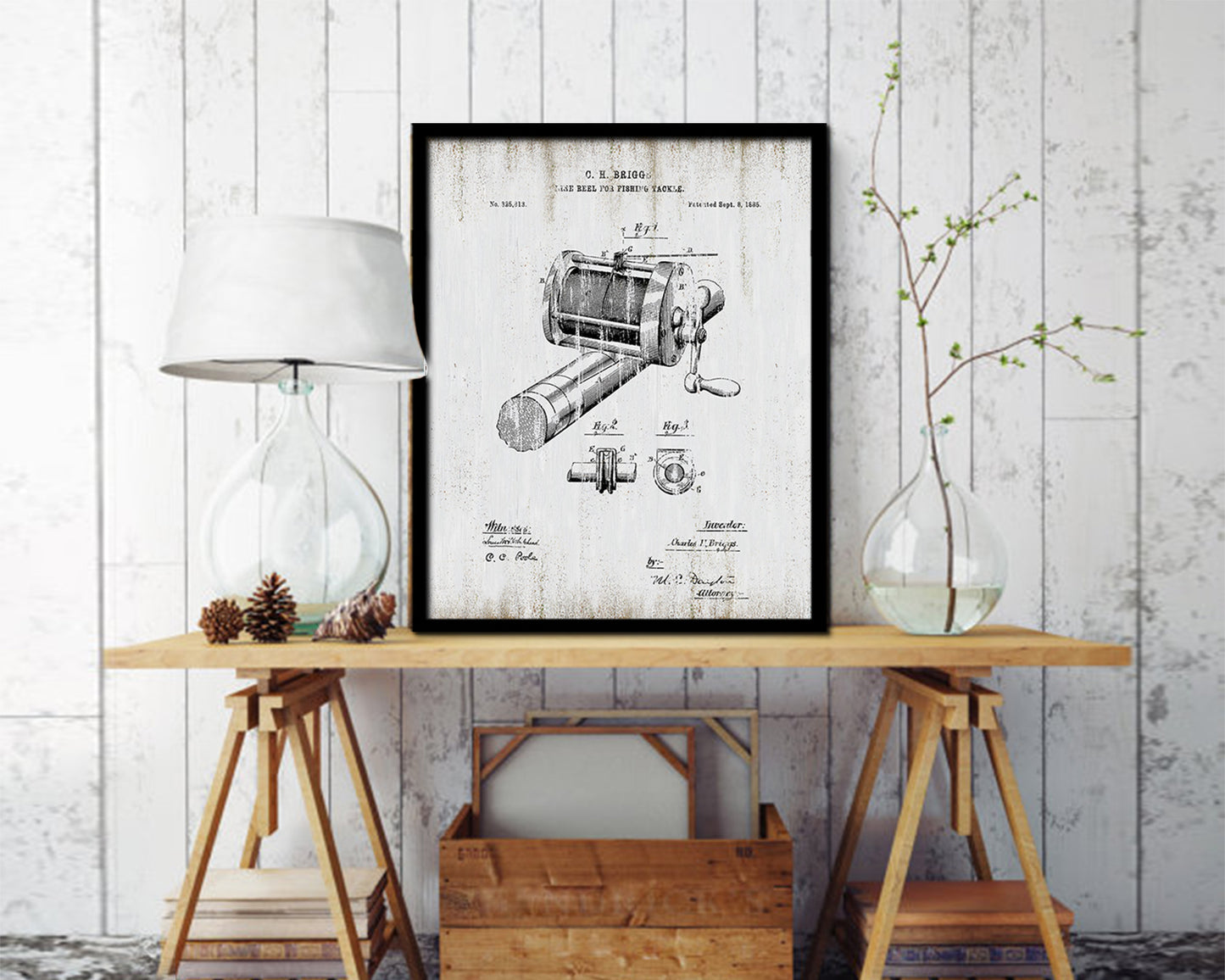 Line Reel Fishing Vintage Patent Artwork Black Frame Print Wall Art Decor Gifts