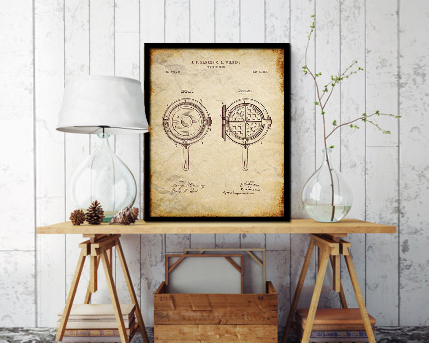 Waffle Iron Home Vintage Patent Artwork Walnut Frame Print Wall Art Decor Gifts