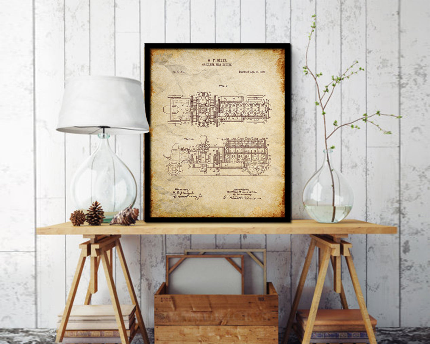 Gasoline Fire Engine Firefighter Vintage Patent Artwork Walnut Frame Gifts