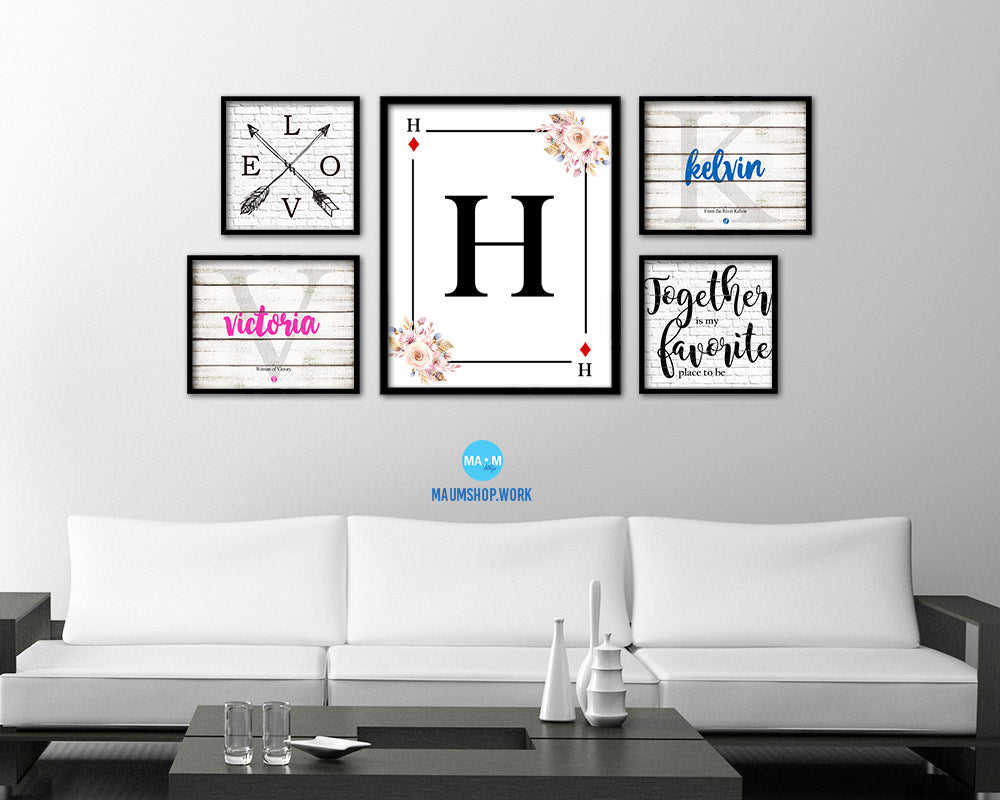 Letter H Personalized Boho Monogram Diamond Card Decks Framed Print Wall Art Decor Gifts