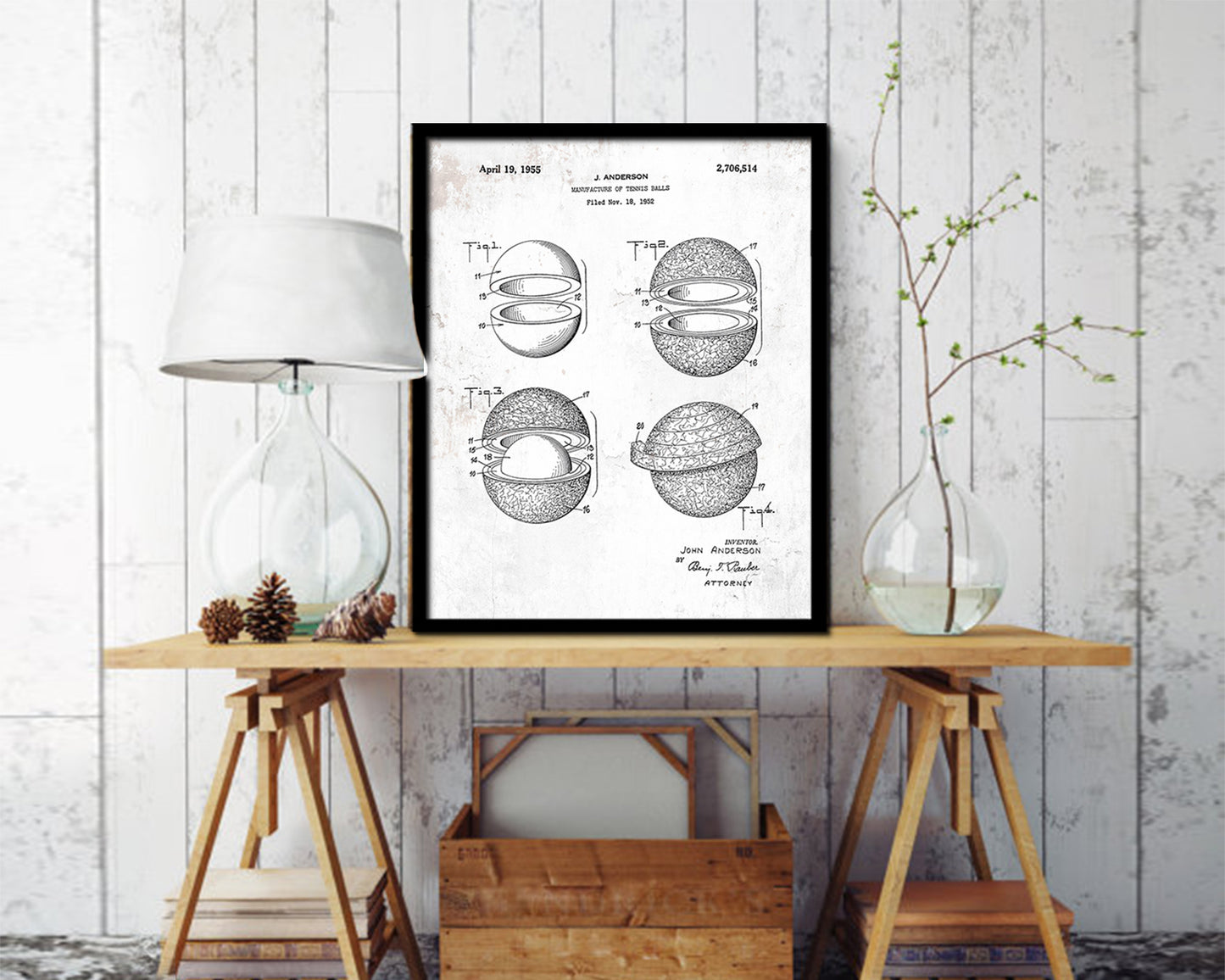 Tennis Ball Sports Vintage Patent Artwork Black Frame Print Gifts