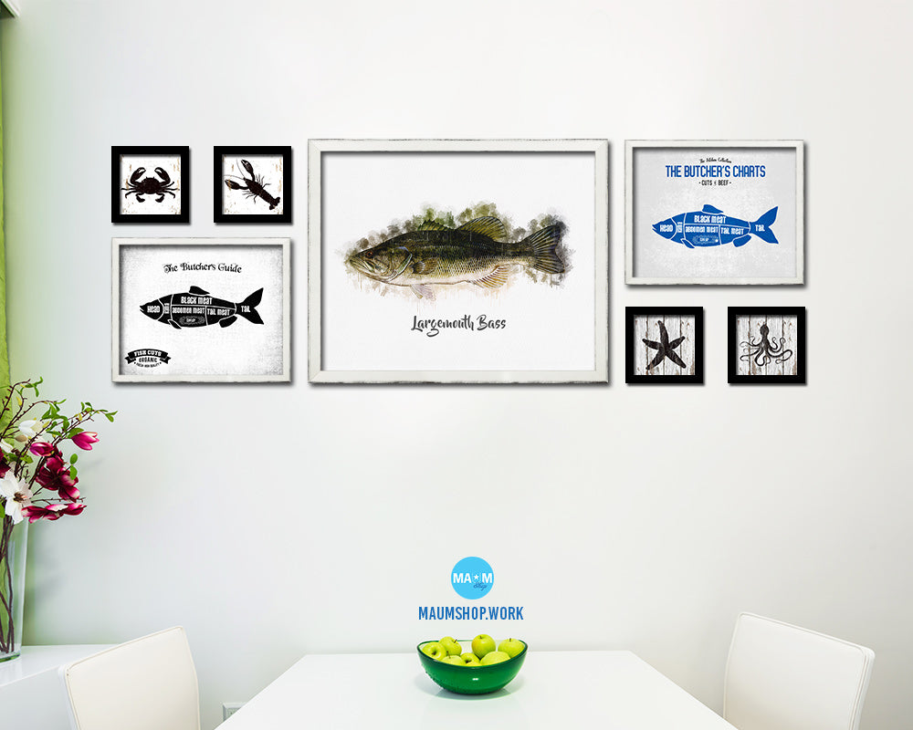 Largemouth Bass Fish Art White Wash Wood Frame Home Decor Wall Prints 