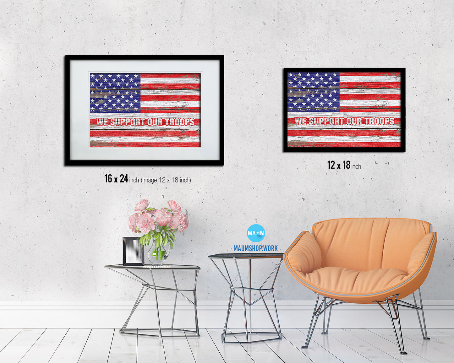 We support our troops Wood Rustic Flag Wood Framed Print Wall Art Decor Gifts