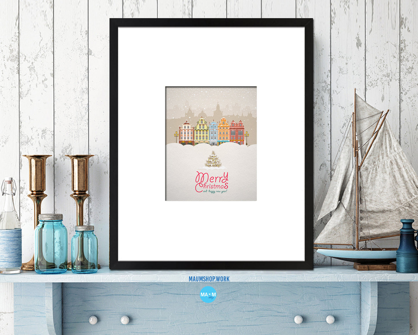 Merry Christmas and Happy New Year Holiday Season Gifts Wood Framed Print Home Decor Wall Art