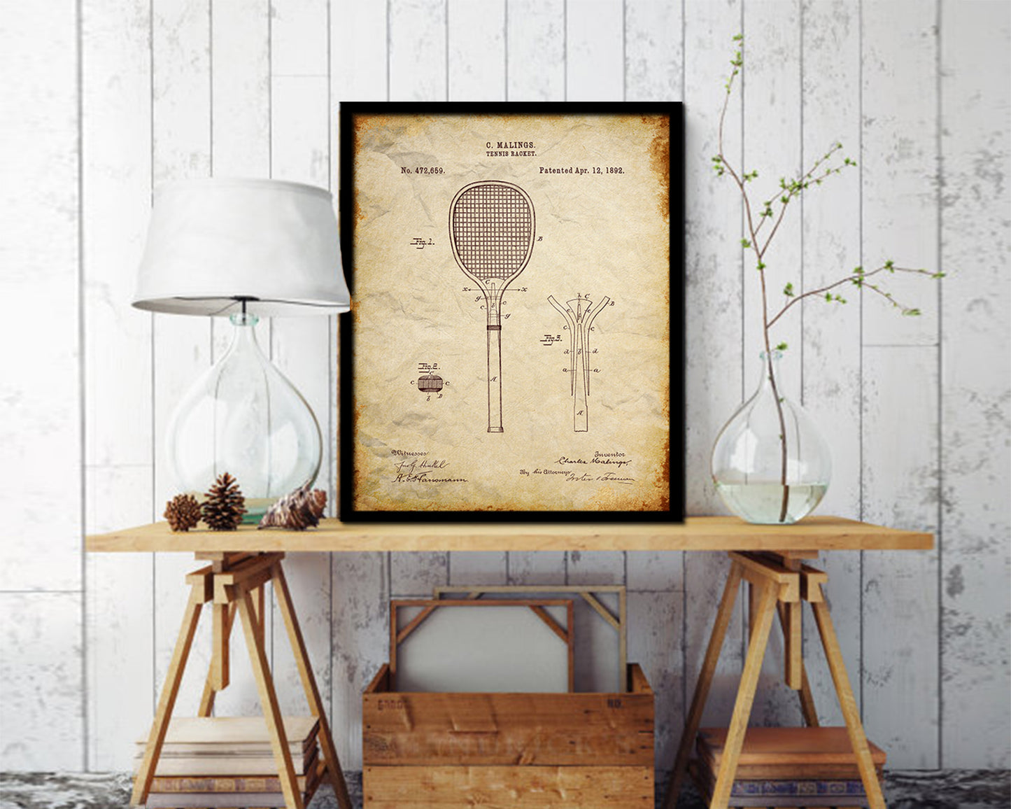 Tennis Racket Sports Vintage Patent Artwork Walnut Frame Gifts