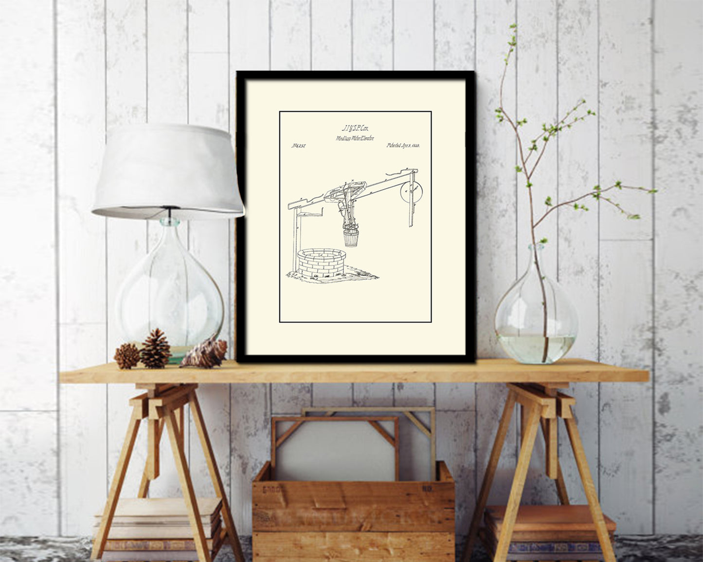 Windlass Water Elevator Kitchen Vintage Patent Artwork Black Frame Print Gifts