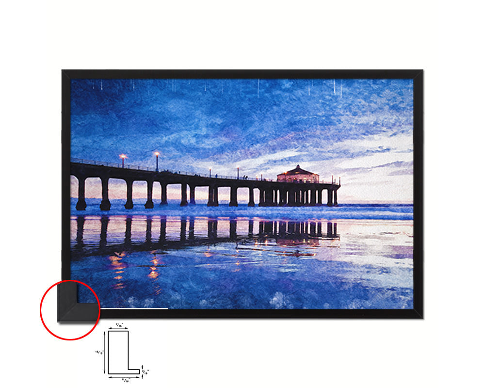 Manhattan Beach Pier Low Tide, Sunset Artwork Painting Print Art Frame Home Wall Decor Gifts