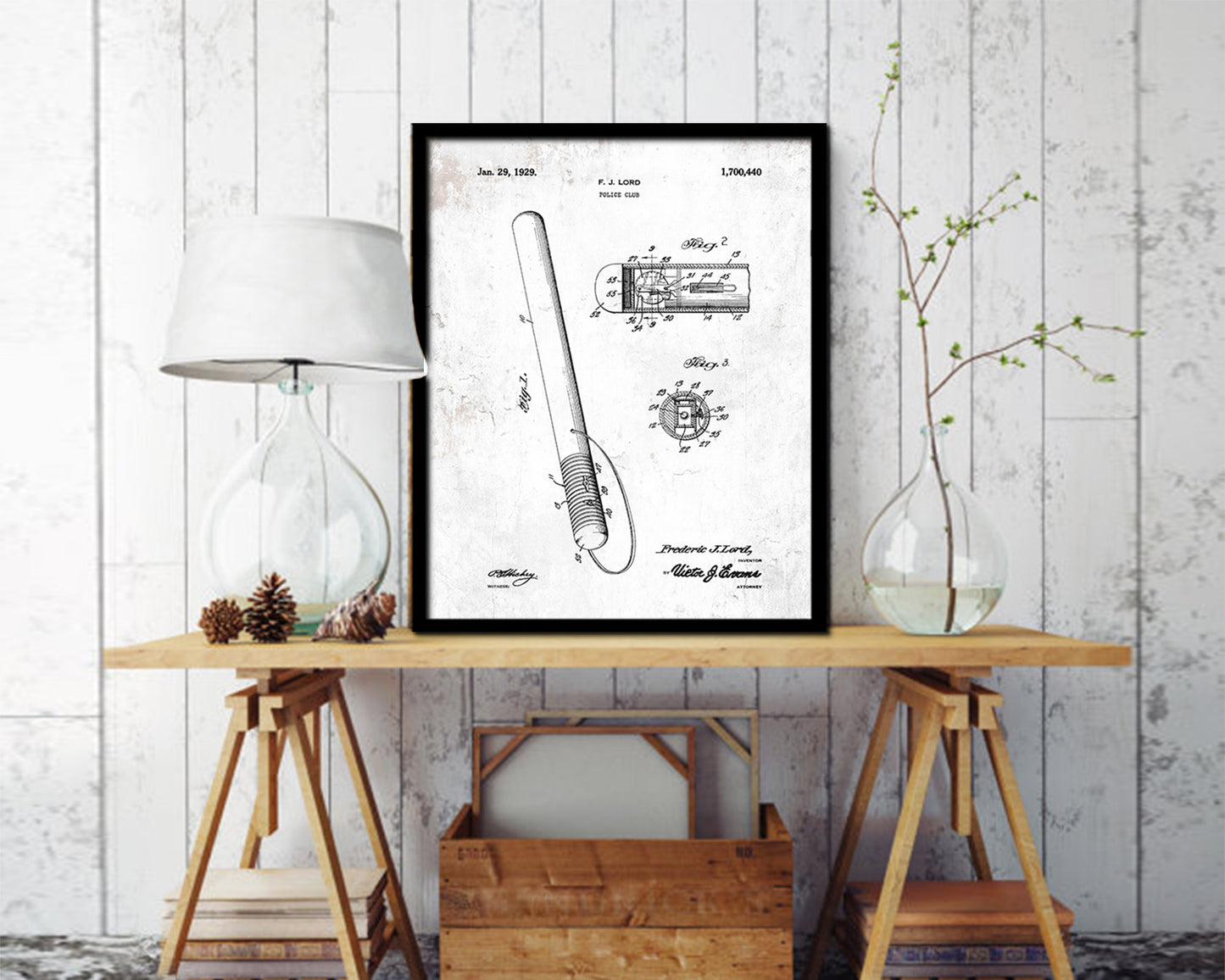 Club Police Vintage Patent Artwork Black Frame Print Wall Art Decor Gifts