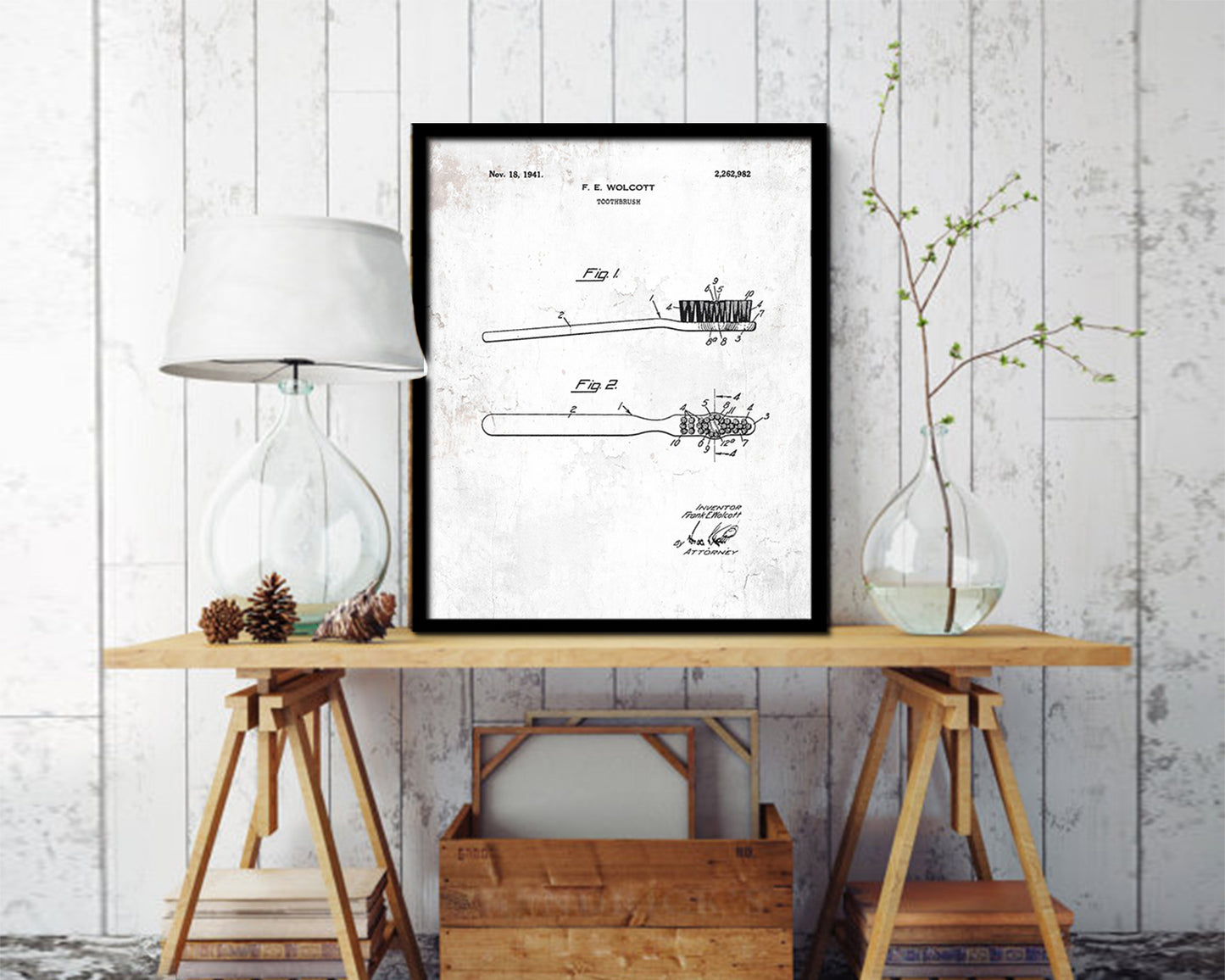 Dental Toothbrush Dentist Vintage Patent Artwork Black Frame Print Wall Art Decor Gifts