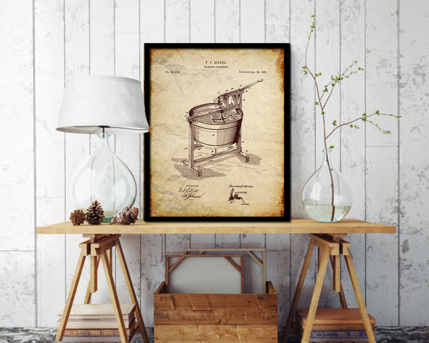 Washing Machine Home Vintage Patent Artwork Walnut Frame Print Wall Art Decor Gifts