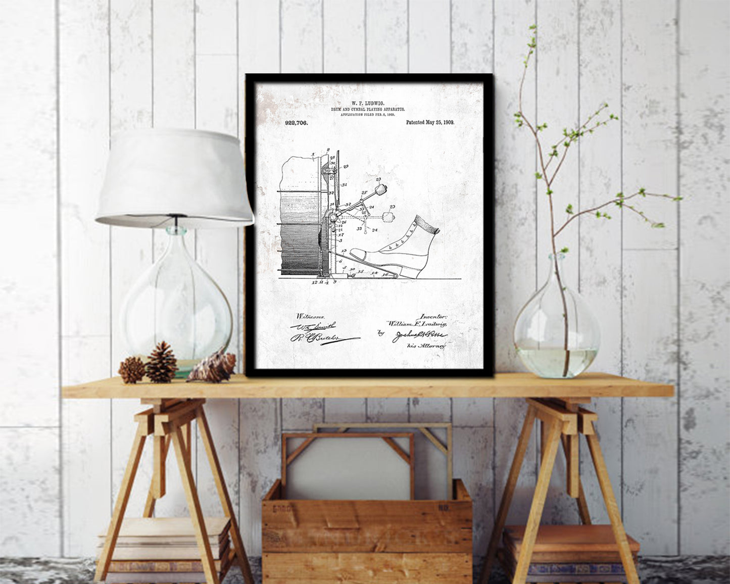 Drum and Cymbal Playing Music Vintage Patent Artwork Black Frame Gifts