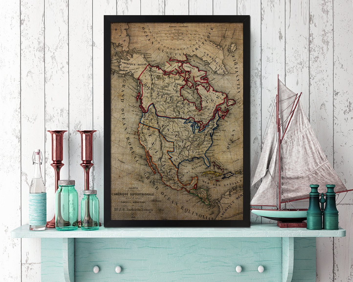 North America Vintage Map Wood Framed Print Art Wall Decor Gifts