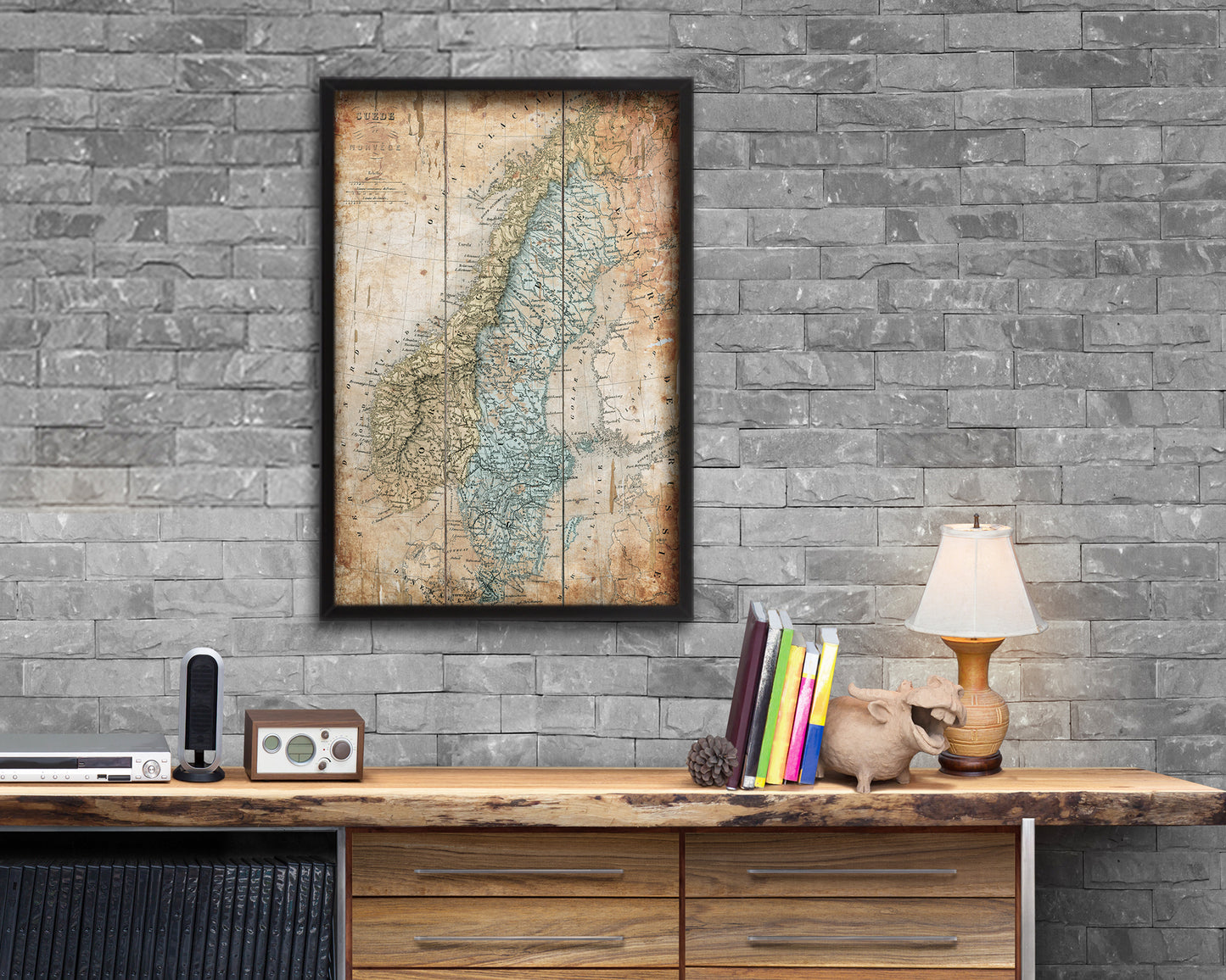 Sweden and Norway Antique Map Wood Framed Print Art Wall Decor Gifts