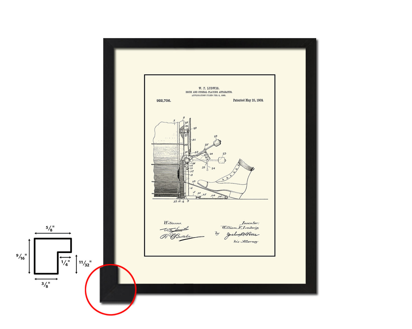 Drum and Cymbal Playing Music Vintage Patent Artwork Black Frame Gifts