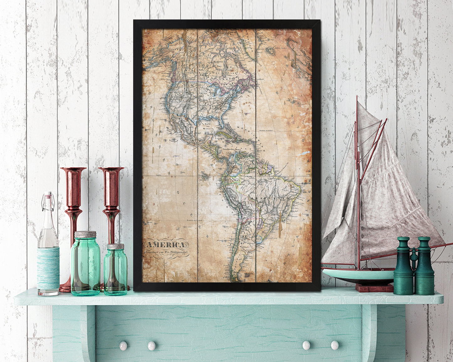 North and South America Antique Map Wood Framed Print Art Wall Decor Gifts