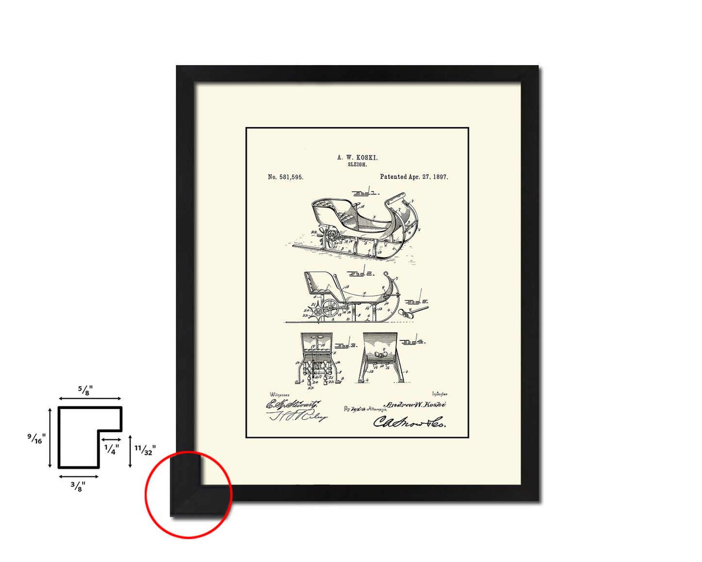 Sleigh Sports Vintage Patent Artwork Black Frame Print Gifts