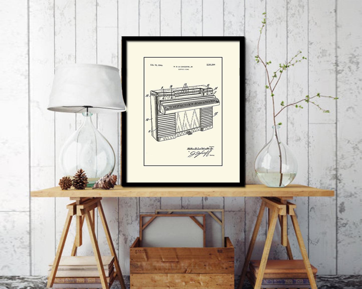 Piano Electric Music Vintage Patent Artwork Black Frame Print Wall Art Decor Gifts