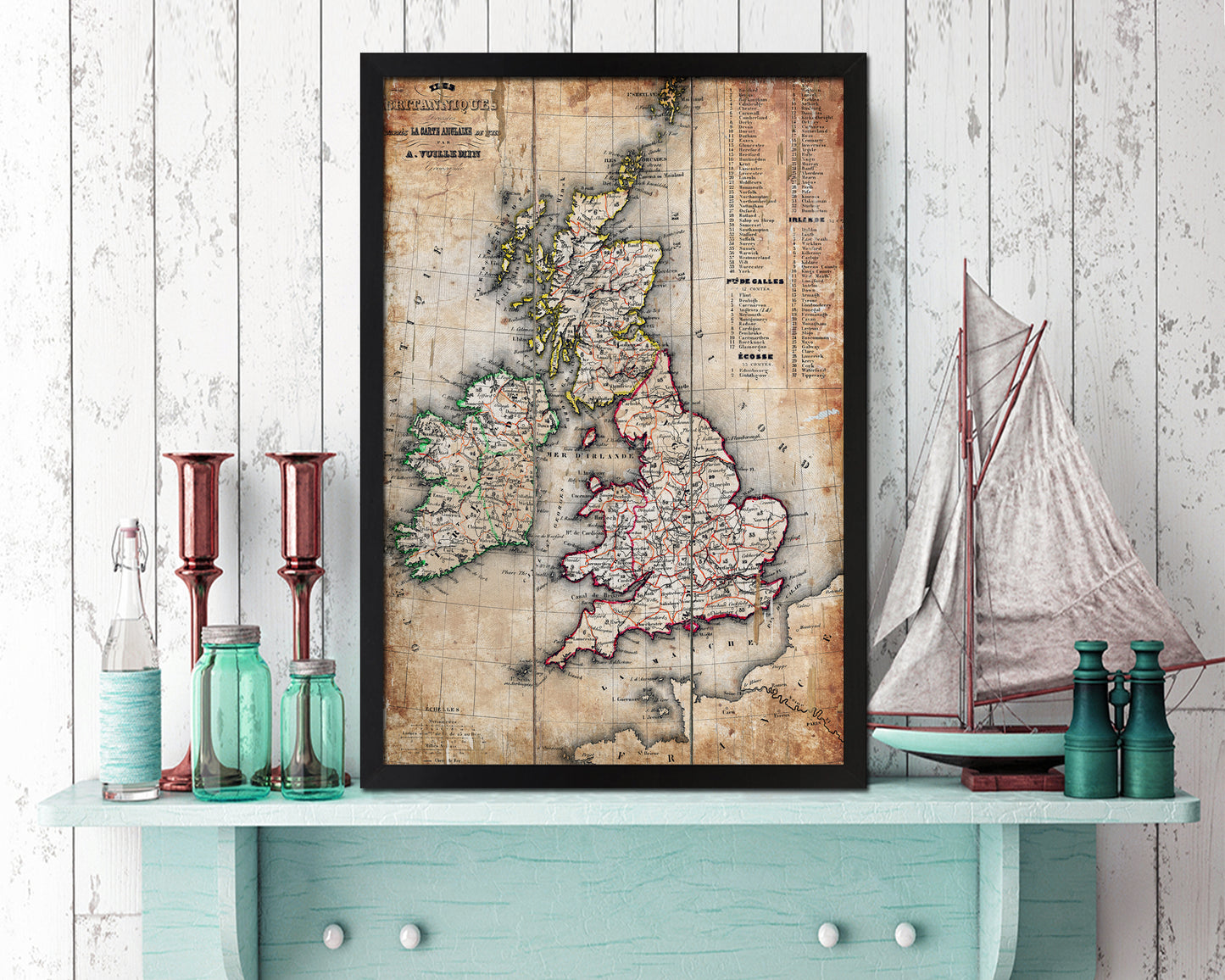 British Isles and Ireland Antique Map Wood Framed Print Art Wall Decor Gifts