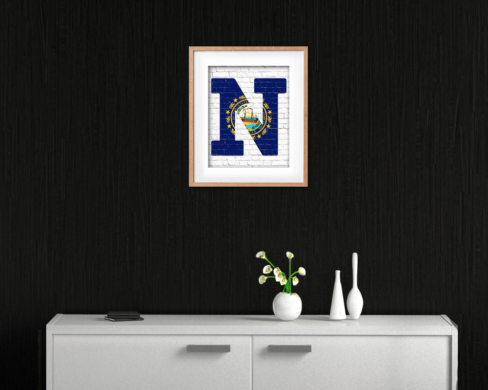 New Hampshire State Initial Flag Wood Framed Paper Print Decor Wall Art Gifts, Brick