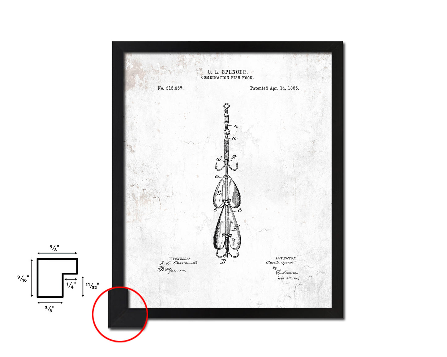 Combination Fish Hook Fishing Vintage Patent Artwork Black Frame Print Gifts