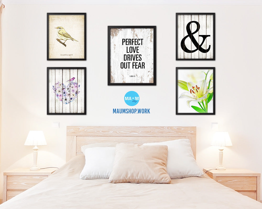 Perfect love drives out fear, 1 John 4:18 Quote Framed Print Home Decor Wall Art Gifts