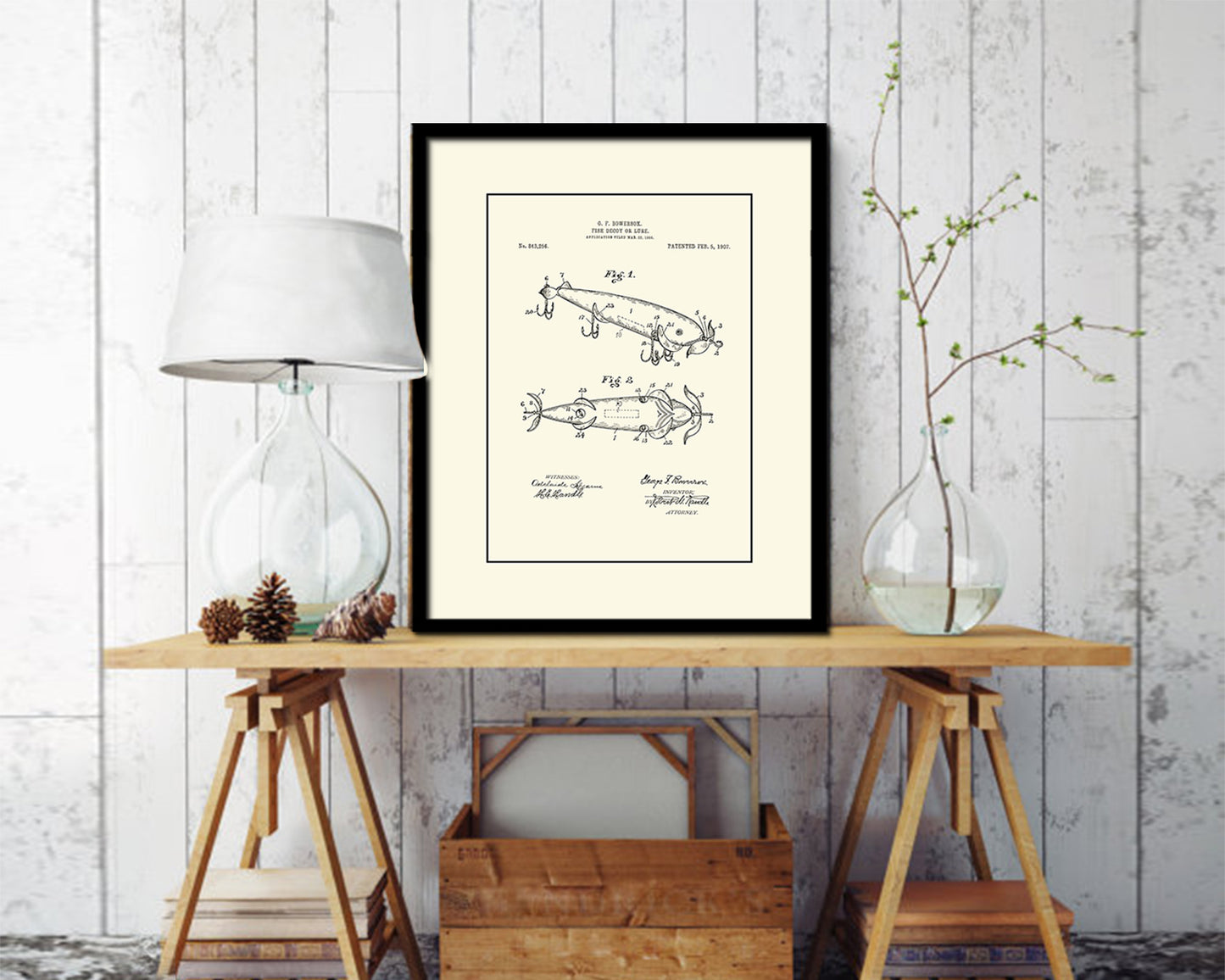 Fish Decoy Lure Fishing Vintage Patent Artwork Black Frame Print Gifts