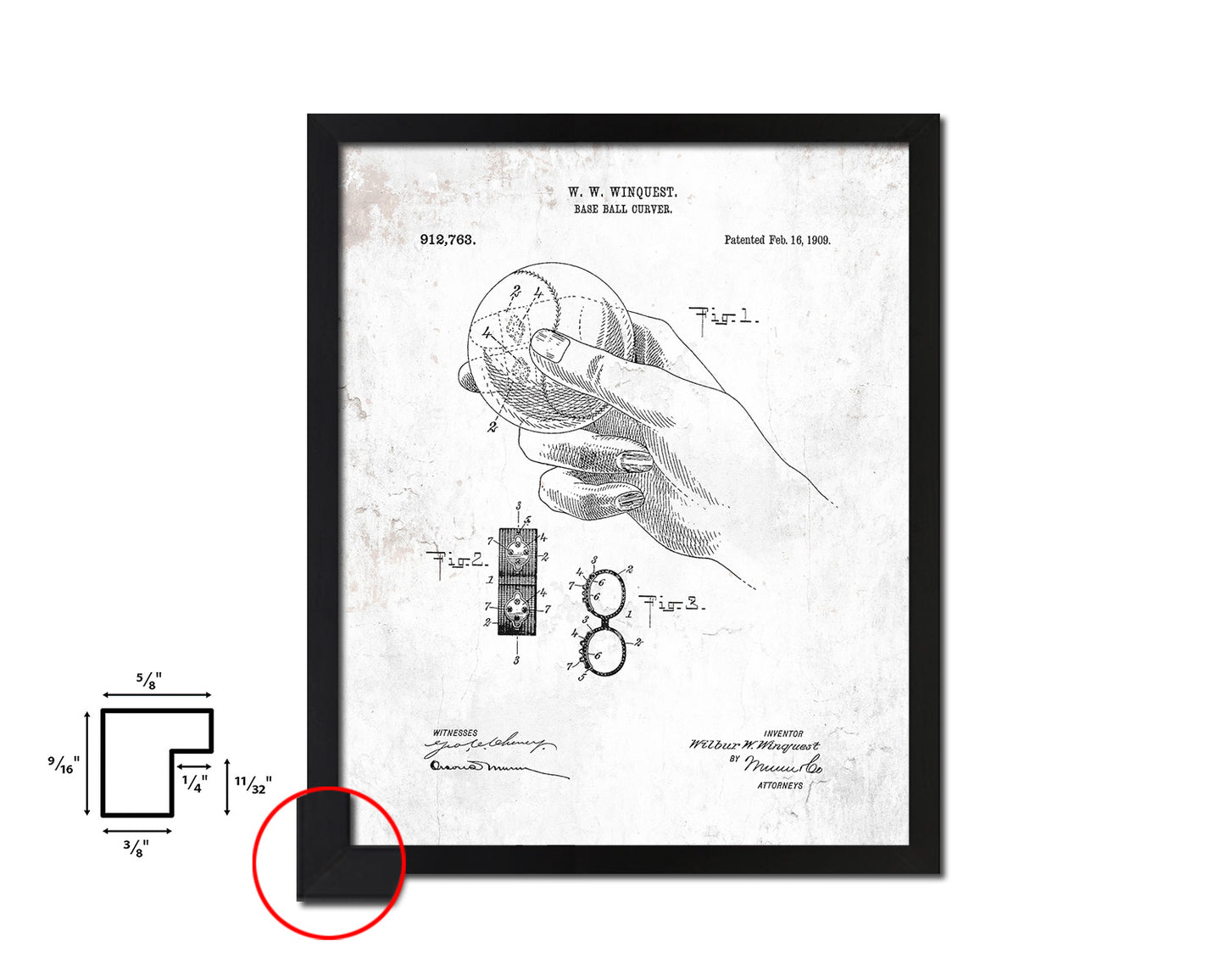 Baseball Curver Sports Vintage Patent Artwork Black Frame Print Gifts