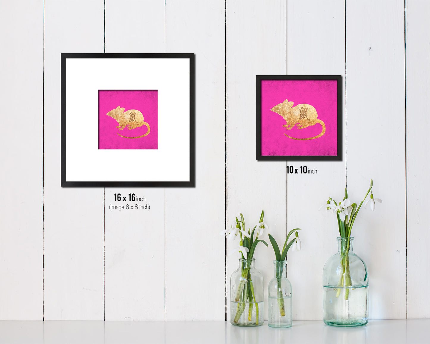 Rat Chinese Zodiac Character Wood Framed Print Wall Art Decor Gifts, Pink