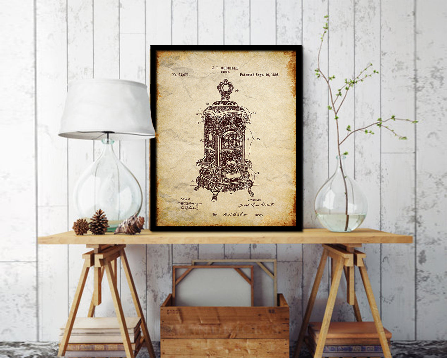 Stove Design Kitchen Vintage Patent Artwork Walnut Frame Print Wall Art Decor Gifts