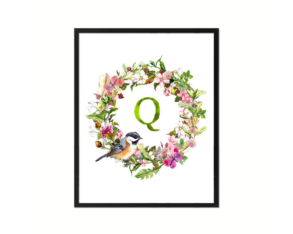 Letter Q Floral Wreath Monogram Framed Print Wall Art Decor Gifts