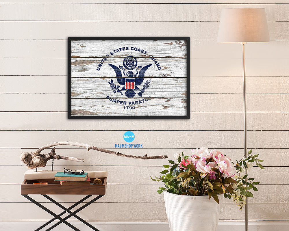 US Coast Guard Wood Rustic Flag Wood Framed Print Wall Art Decor Gifts