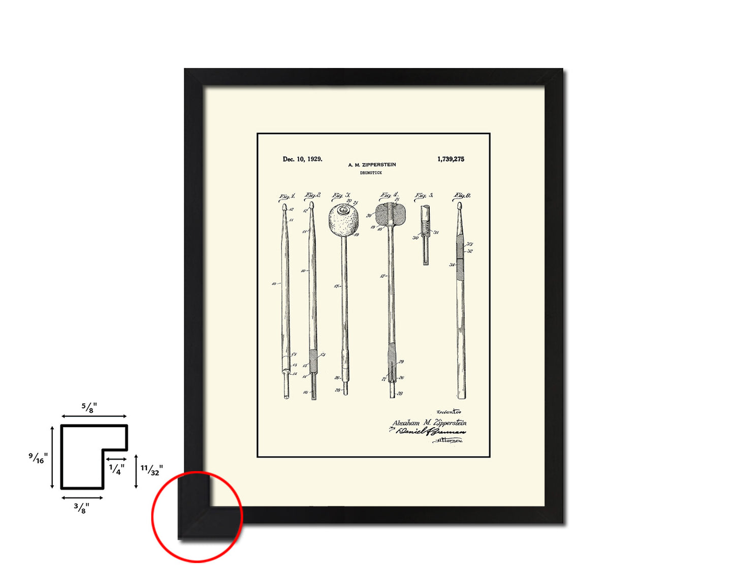 Drumstick Music Vintage Patent Artwork Black Frame Print Wall Art Decor Gifts