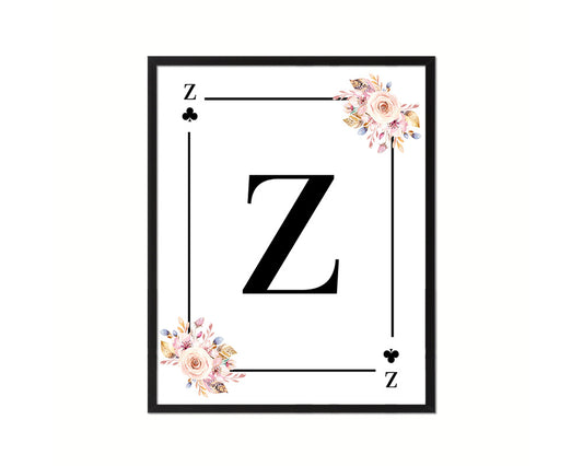 Letter Z Personalized Boho Monogram Clover Card Decks Framed Print Wall Art Decor Gifts