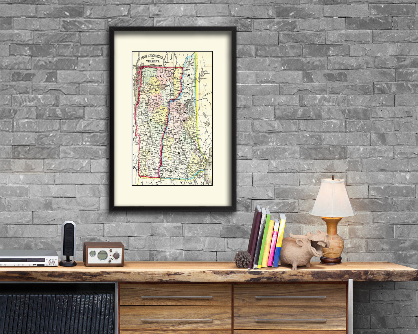 New Hampshire and Vermont Old Map Wood Framed Print Art Wall Decor Gifts