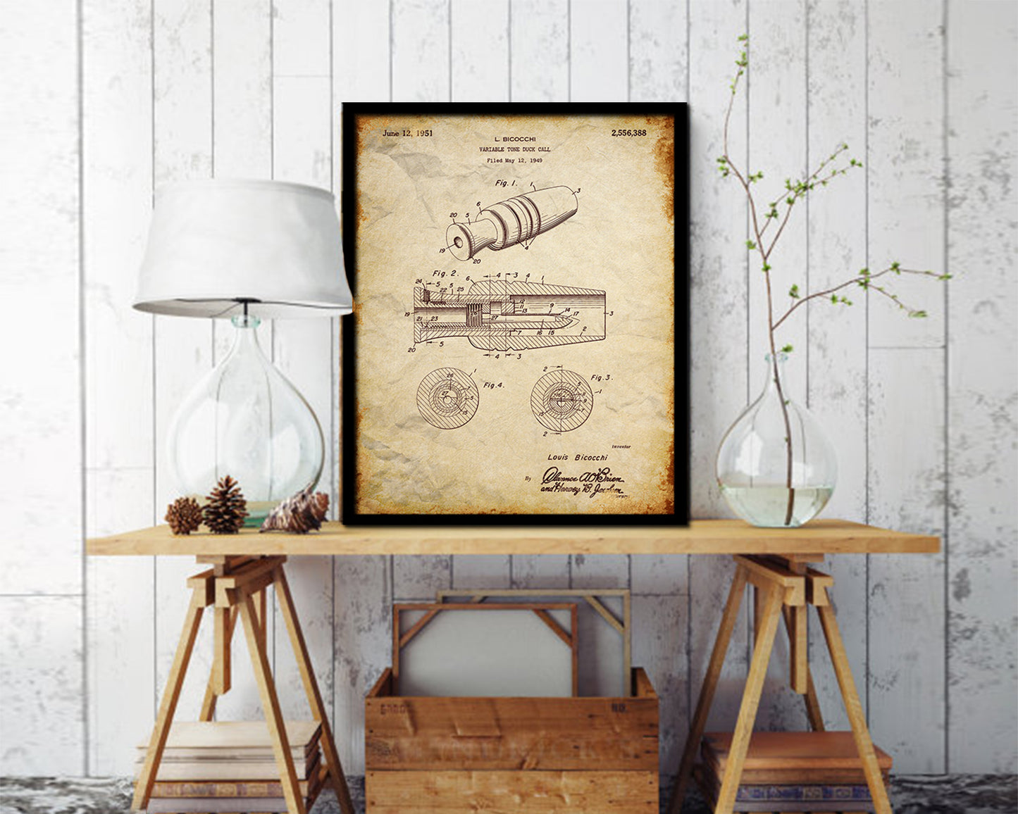 Hunting Variable Tone Duck Call Sports Vintage Patent Artwork Walnut Frame Gifts