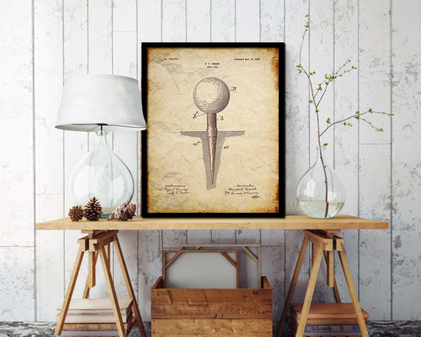 Golf Tee Sports Vintage Patent Artwork Walnut Frame Gifts