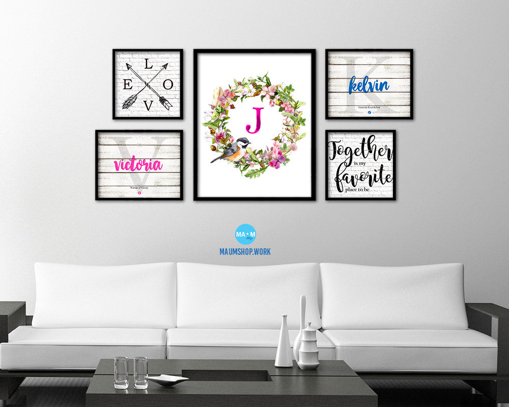 Letter J Floral Wreath Monogram Framed Print Wall Art Decor Gifts