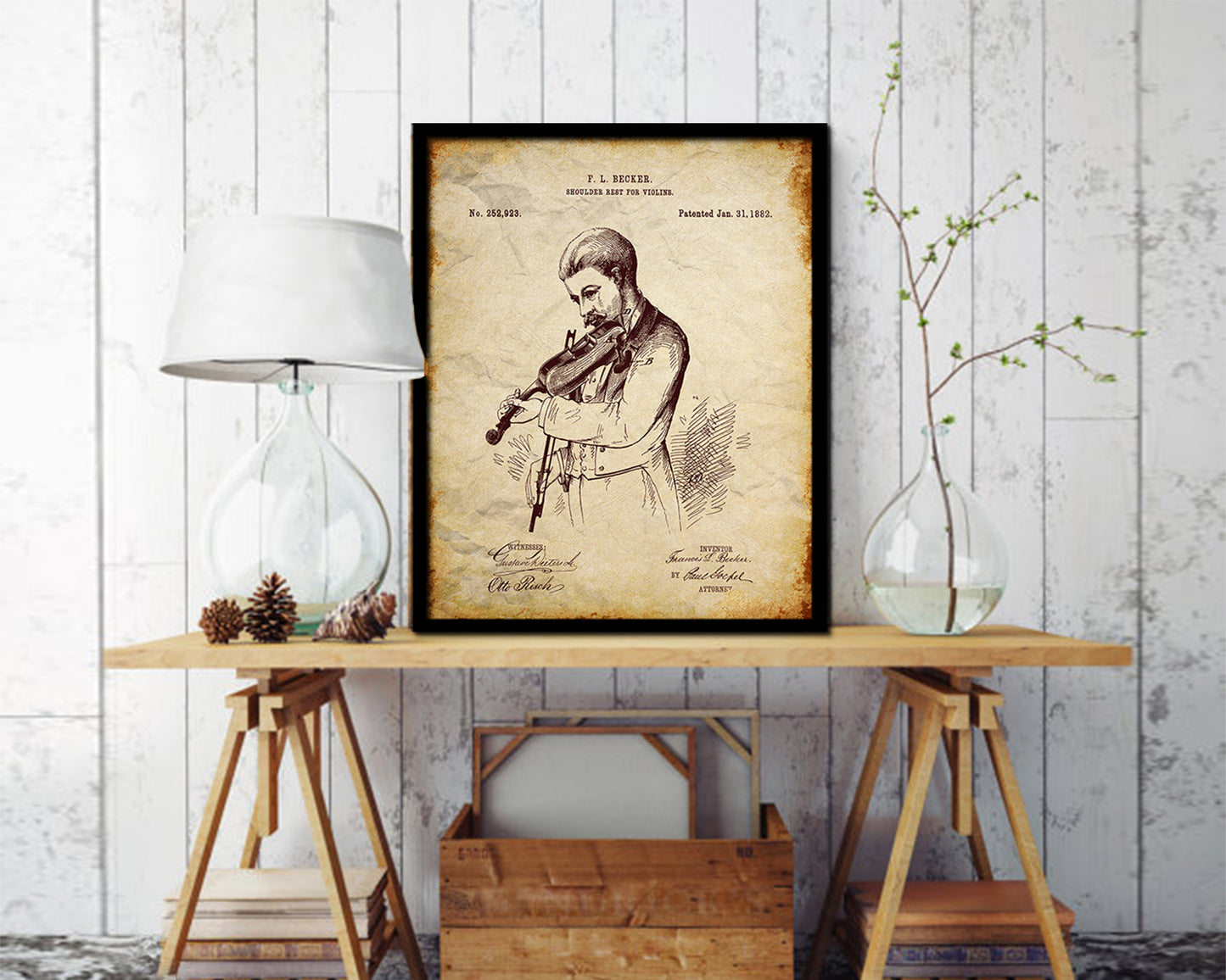 Violins Music Vintage Patent Artwork Walnut Frame Gifts