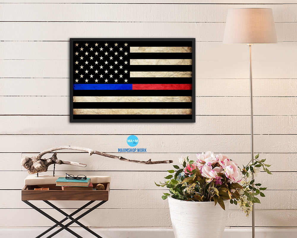 Thin Blue Line Police & Thin Red Line Firefighter Respect & Honor Law Enforcement Vintage Military Flag Art