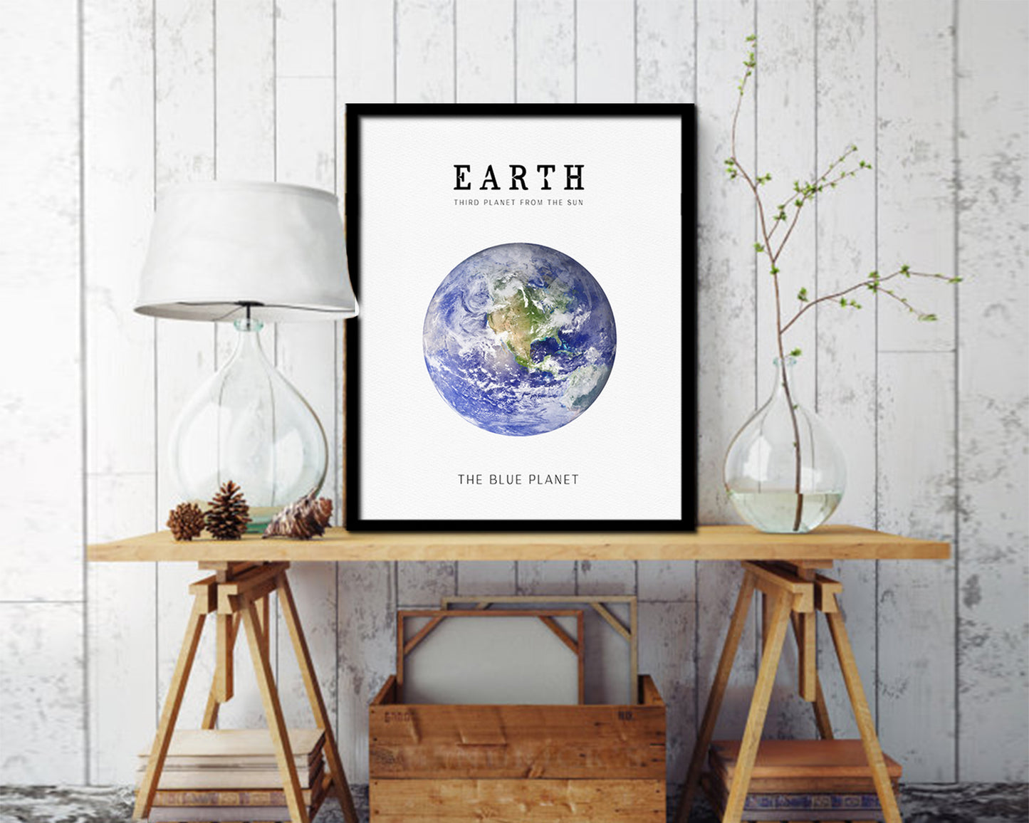 Earth Planet Prints Watercolor Solar System Wood Framed Paper Print Wall Art Decor Gifts