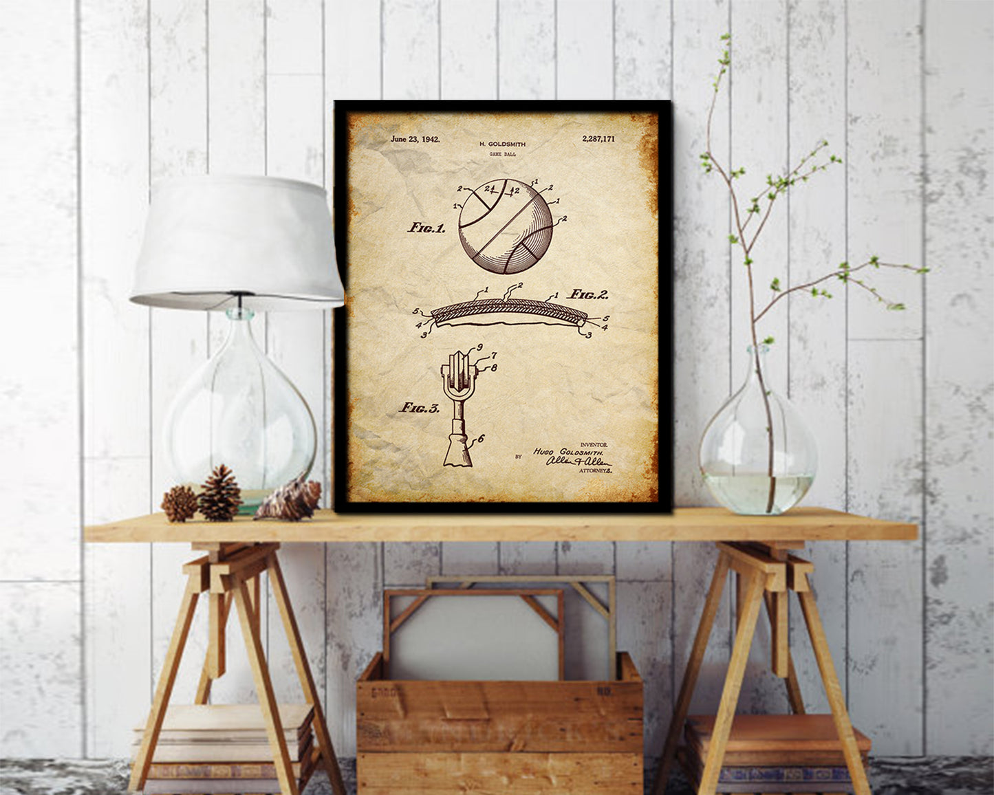 Basketball Game Ball Sports Vintage Patent Artwork Walnut Frame Gifts